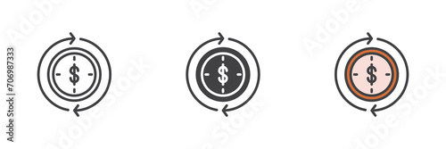 Dollar inside clock and circling arrows different style icon set