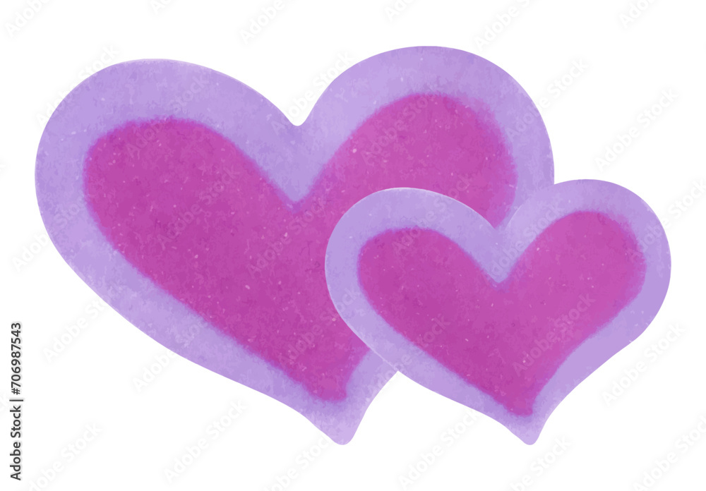 Two hearts for Valentines Day, Mothers Day, friends, girlfriends. Purple pink heart.Marker and watercolor illustration.For holiday, card, poster, carnival,wedding, birthday.Love.Isolated handmade art.