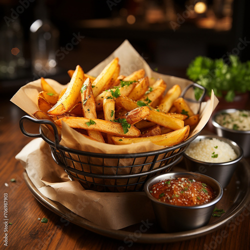 French fries on a black plate, kitchen Beijing, salad dressing and hot sauce, delicious gourmet food, potato chips 