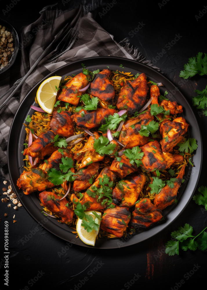 Chicken tikka masala spicy curry meat food in black plate, flat lay Chicken tikka masala spicy curry meat food in black plate, flat lay