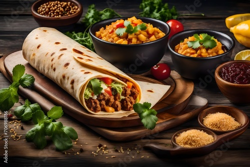 **Mouthwatering tasty burrito food with copy text space. For ads and banners in wide image size. bautiful light yellow view