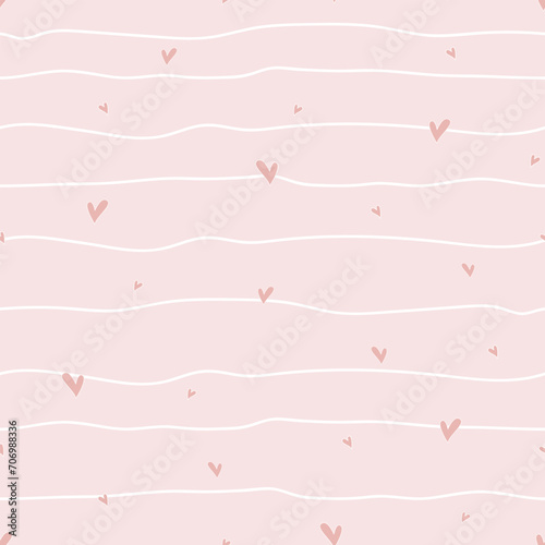 Striped seamless pattern with hearts. Romantic background with hand drawn lines and hearts. Minimalistic style in pastel colors. Cute design for Valentines Day greeting card, scrapbooking, paper goods