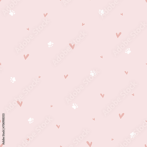 Cute Hand drawn seamless pattern with heart and pawprint. cute pet dog or cat background. Cute design for greeting card, scrapbooking, paper goods, background, textile, wrapping, fabric and more.