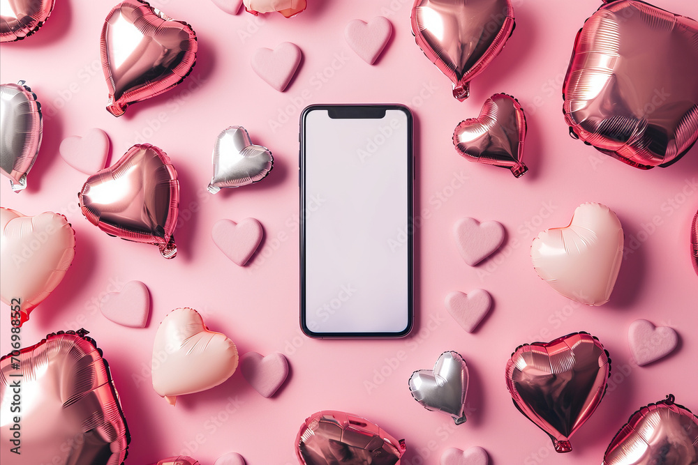 flat lay view of a mobile phone mockup surrounded by valentine heart shaped balloons - obrazy, fototapety, plakaty 