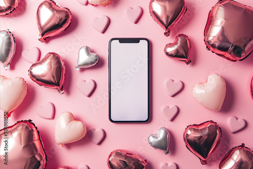 flat lay view of a mobile phone mockup surrounded by valentine heart shaped balloons