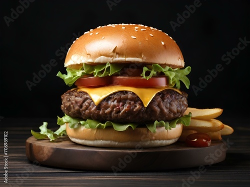 hamburger on black background  burger on a plate