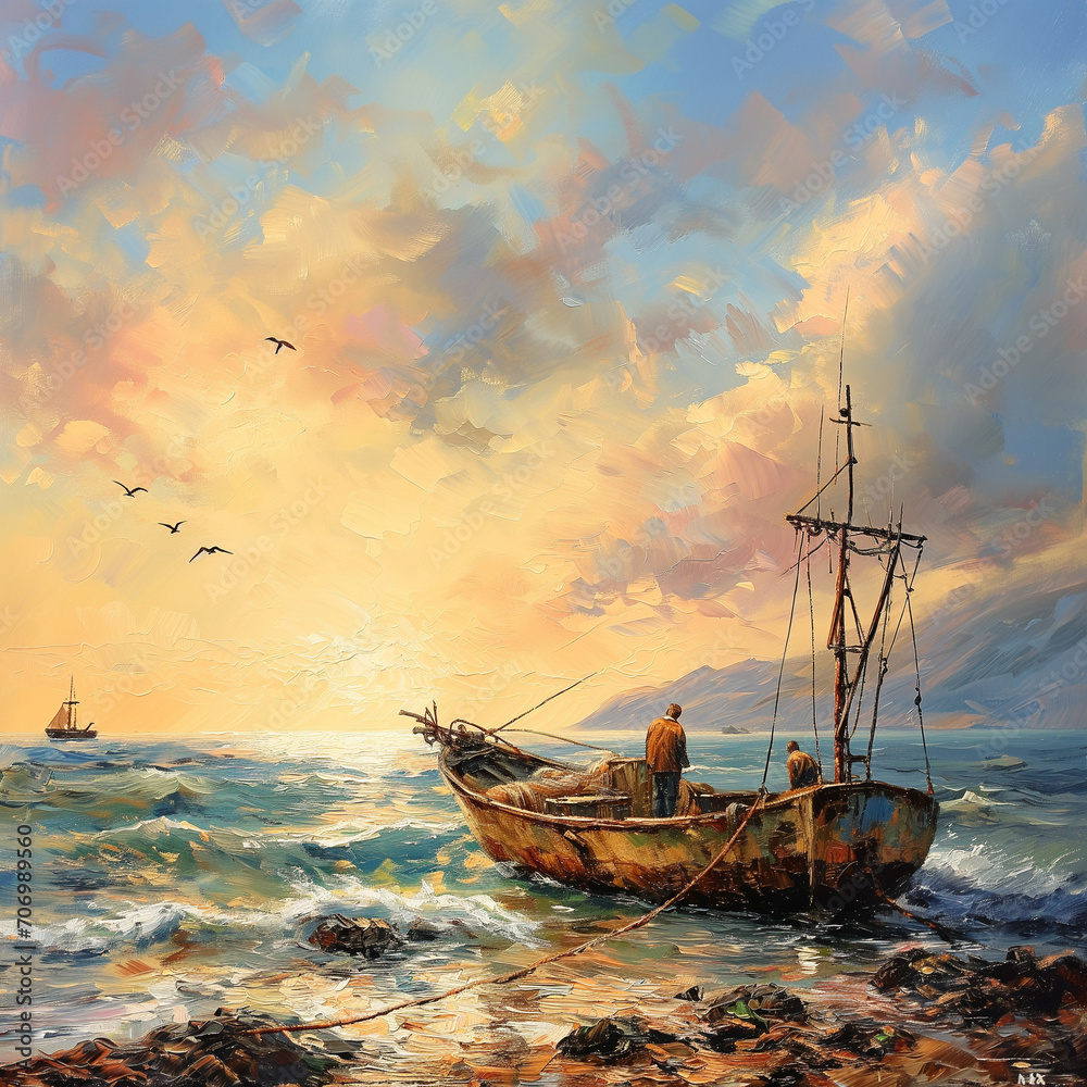 Obraz premium A mesmerizing sea landscape depicted in oil paintings, featuring fishermen, ships, and boats, capturing the essence of maritime life with artistic flair.