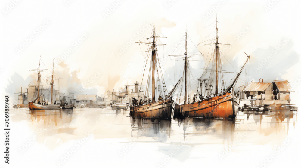 Rough sketch of fishing boats in a harbor