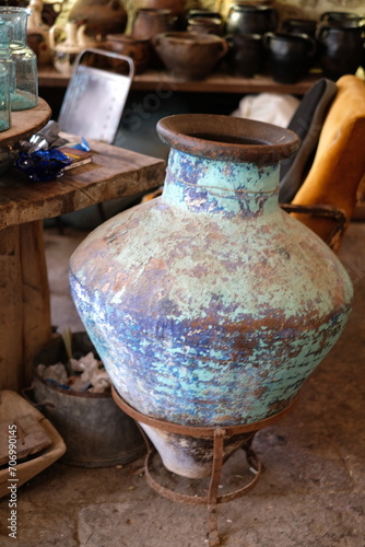 old vintage vase, old blue metal vase