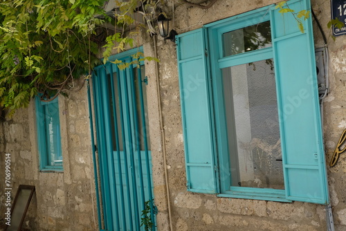 blue wood old windows in the old house