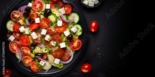 salad with tomatoes,Fresh Greek salad. A delicious bowl of Greek salad,Fresh greek salad,Fresh vegetarian vegetable salad,Healthy green salad with fresh tomato, cucumber photo
