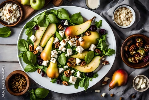 Salad with pears, feta cheese, salad mix and walnuts in plate white view