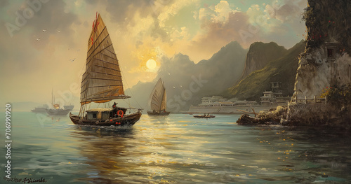 A mesmerizing sea landscape depicted in oil paintings, featuring fishermen, ships, and boats, capturing the essence of maritime life with artistic flair.