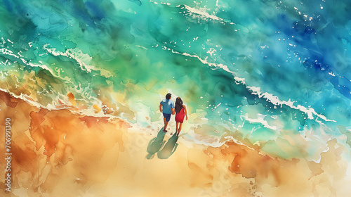 Top-view watercolor seascape, a burst of color portraying love and family joy in a vibrant and enchanting coastal scene. © akromin
