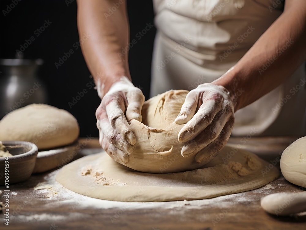 person kneading dough, hands kneading dough, chef preparing dough
