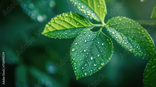 Dew on fresh spring leaves, Macro Shot, Lush Green background