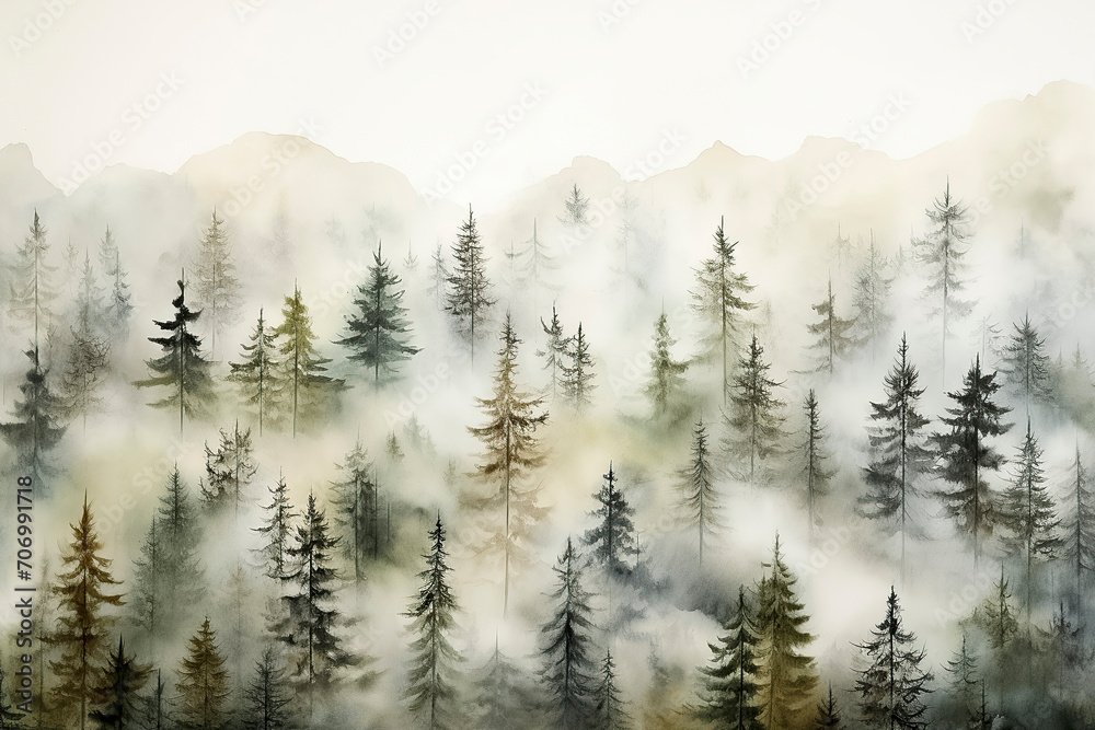 a mystical atmosphere with a misty forest and silhouetted mountains, enveloped by ethereal fog, ai generative