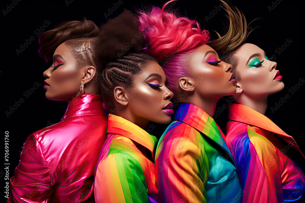 Fototapeta premium four female models with colorful jackets and hair with modern hairstyles, ai generative