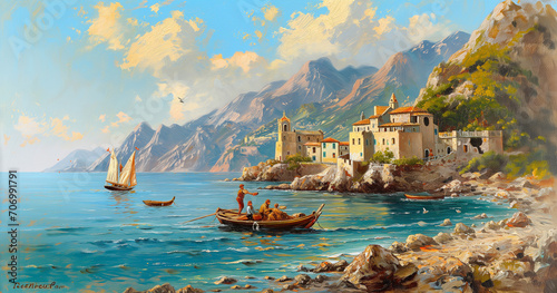 A mesmerizing sea landscape depicted in oil paintings  featuring fishermen  ships  and boats  capturing the essence of maritime life with artistic flair.