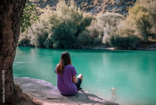 enjoying the tranquility of a turquoise lake, surrounded by lush greenery in peaceful solitude, ai generative © larrui