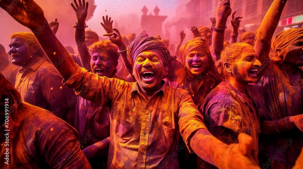 Celebration of Holi festival of colors, Happy people celebrating holi Generative ai