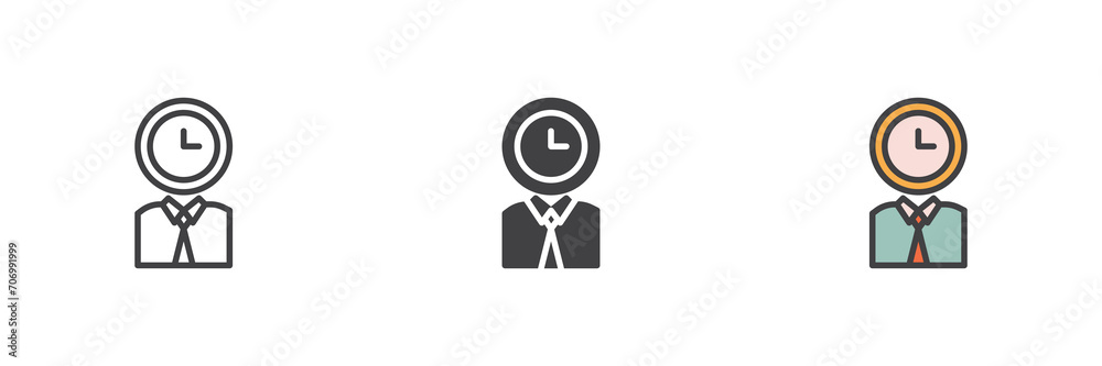 Person with clock head different style icon set Person with clock head different style icon set