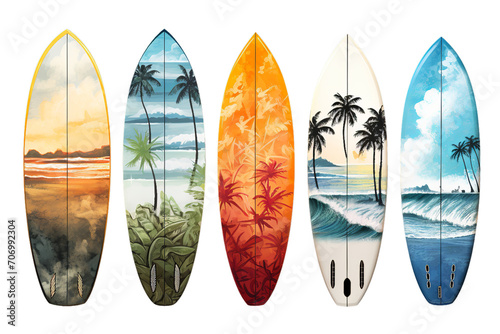 surfing boards with prints isolated on , Isolated on transparent PNG background, Generative ai photo