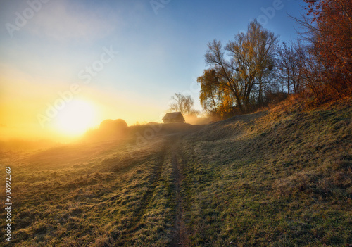 Morning fog in the meadow. Sun rays through the fog. Autumn landscape with foggy meadow and trees at sunrise. Nature of Ukraine