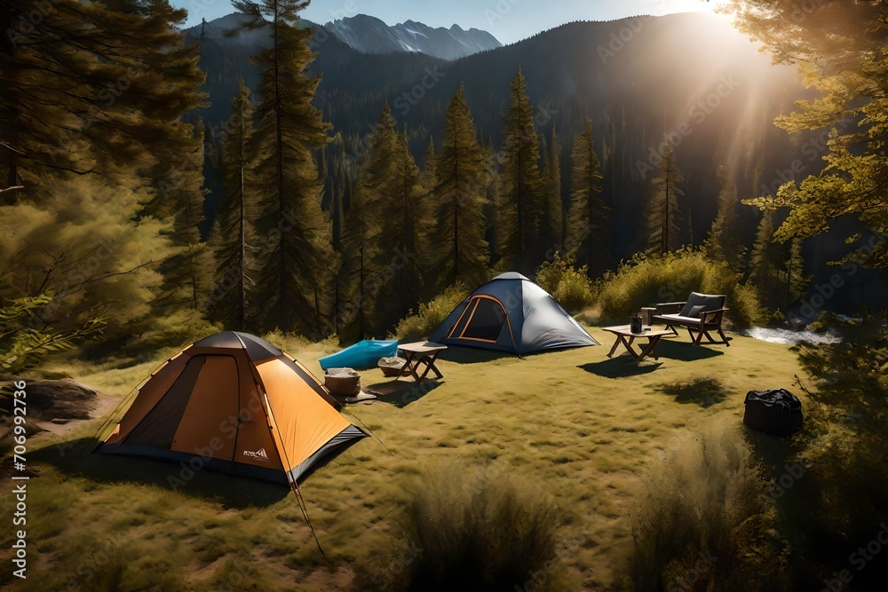  a stunning scene displaying an array of lifestyle hiking and camping equipment arranged against a picturesque outdoor backdrop. 