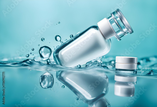 Cosmetics in a bottle in water, skin hydration photo