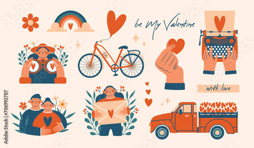 Set of cute illustrations to Valentine's Day. Collection of simple modern clip arts with typewriter, bicycle, red pickup truck with hearts, cute persons, who hugging, holding love letter. Flat design.