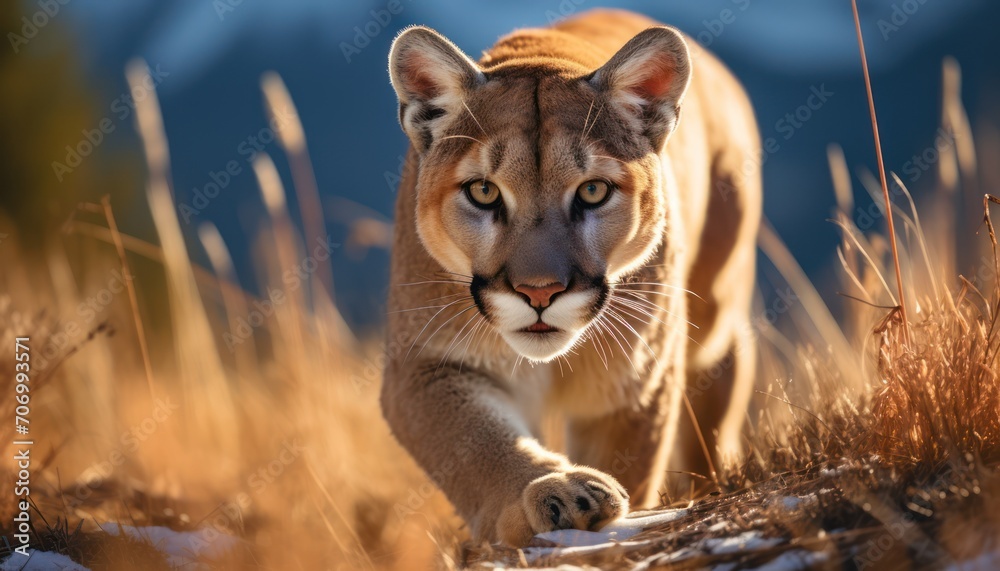 Obraz premium Close-Up of a Mountain Lion Cougar Walking Through a Field