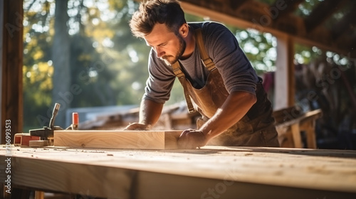 Portrait of young male carpenter work in the wood workshop photo