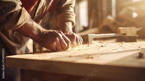 Senior carpenter craftsman hands close up carving wood photo