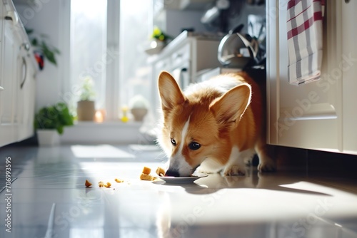 corgi puppy nibbling on scattered food in sunlit kitchen, expressing curiosity - concept of pet care, animal behavior, and home life