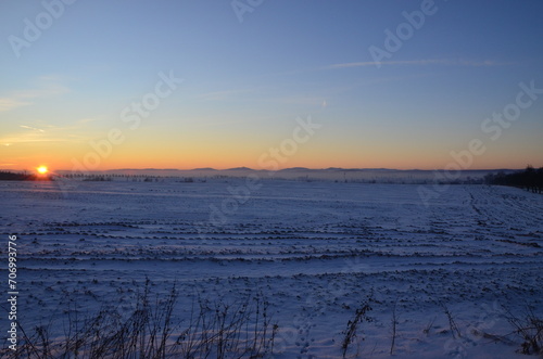 beautiful cold January day, view of the sunrise over the mountains, Bolatice, Czech Landscape, 