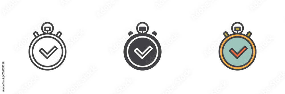 Stopwatch with check mark different style icon set Stopwatch with check mark different style icon set