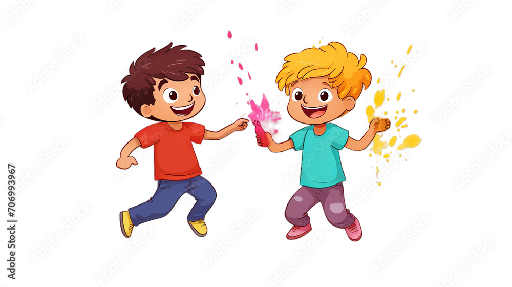 two cute happy children  colored powder, Isolated on transparent PNG background, Generative ai