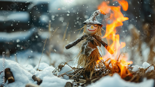 burning of the Maslenitsa straw effigy, farewell to winter, carnival, bonfire, holiday, shrovetide, traditional pagan rite, folk festival, fire, flame, people, doll, symbol, handmade, scarecrow, macro photo
