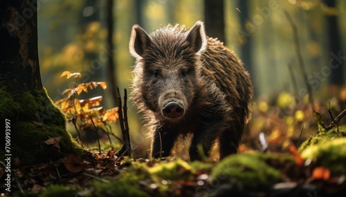 Wild Boar Walking Through Forest