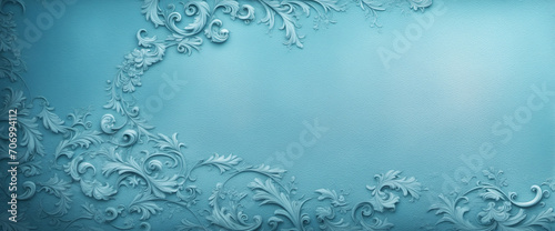 Blue elegant background. Toned texture of decorative plaster on a concrete wall. Close-up. Beautiful vintage background. Blue wide banner with copy space for your design.