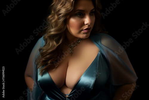Close up beautiful young buxom woman in open evening seductive dress photo