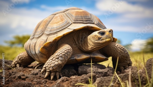 Galapagos Tortoise Turtle Sitting on Rock in Grass, Peaceful Nature Scene With Reptile and Landscape