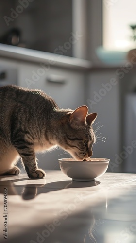gray cat eats from a white bowl, domestic cat savoring food in a sunbathed kitchen, vertical, pet care and nutrition editorials