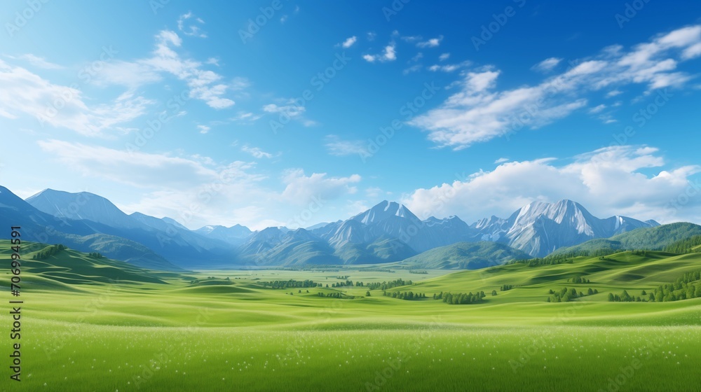 Obraz premium A panoramic view of a tranquil grassland, the vibrant green grass contrasting beautifully with the azure sky and fluffy clouds, and a range of mountains providing a majestic backdrop