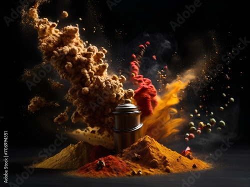 various spices explosion on dark background, spices explosion photo