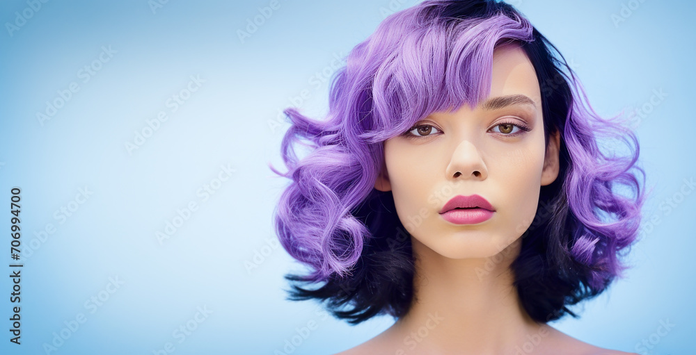 beautiful young woman with purple hair, on a blue background, a place for text