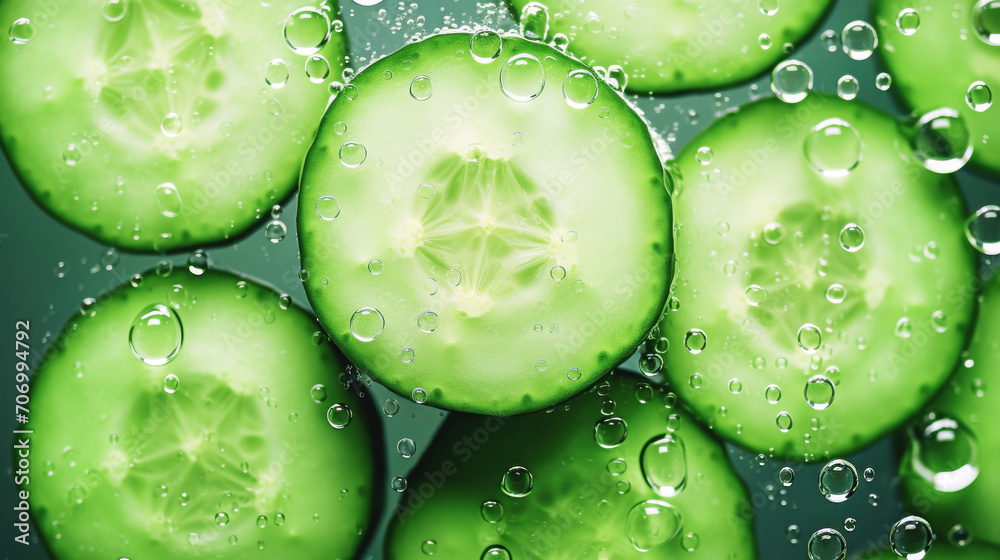 sliced cucumbers are in refreshing water with bubbles. sliced cucumbers are in refreshing water with bubbles.