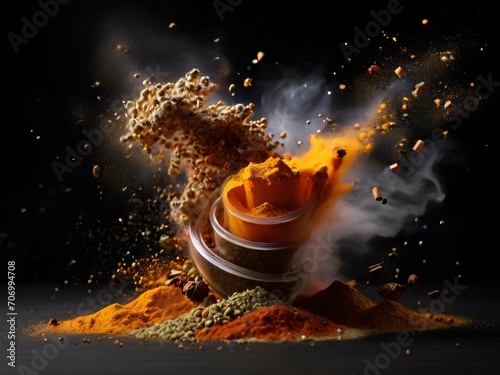 various spices explosion on dark background  spices explosion