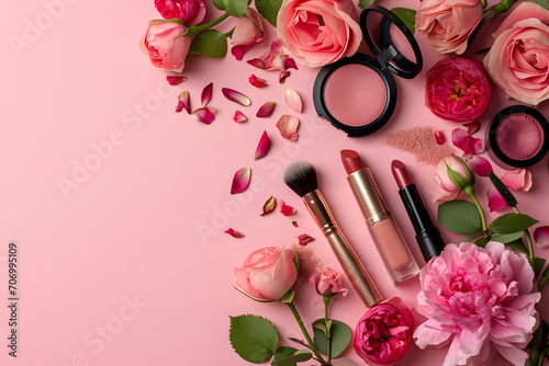 Group of trendy makeup products and brushes isolated on a pink background. Make up equipment